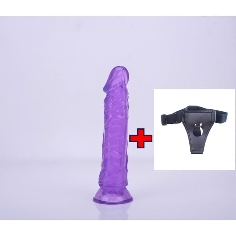 23 Cm. – 1.Sınıf Malzeme – Tam Realistik – Belden Bağlamalı Kemerli Jel Dildo (Mor)