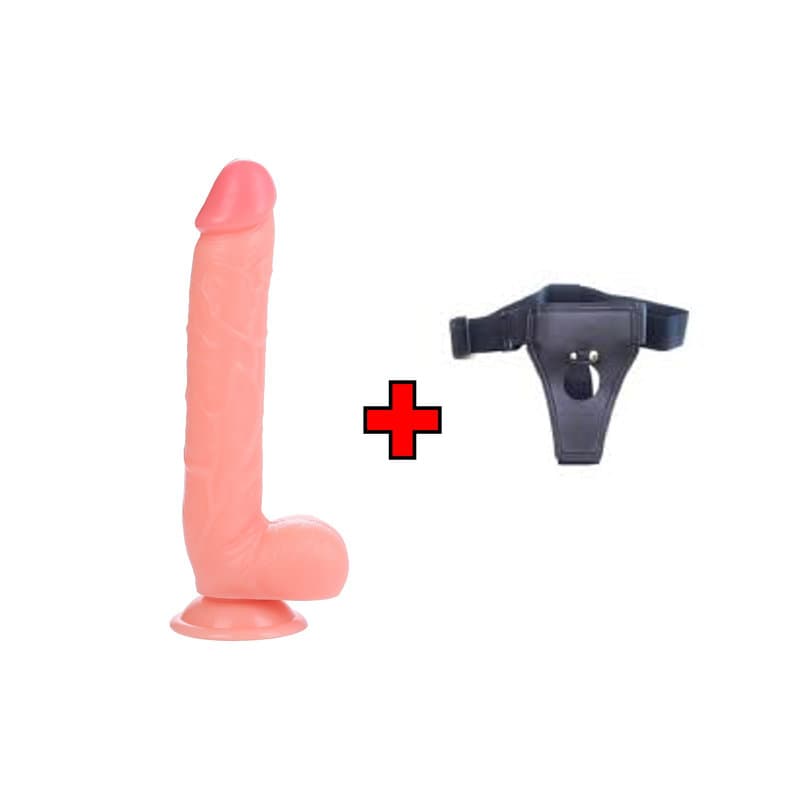 27 Cm. XLarge Extra Uzun ve Kalın Ultra Gerçekçi Doku Vantuzlu Testisli Belden Bağlamalı Dildo